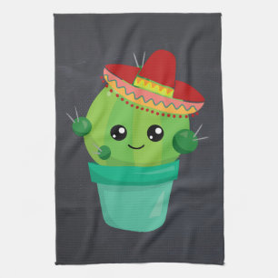 Linge De Cuisine Joyeux cactus ronds portant un Sombrero Rouge