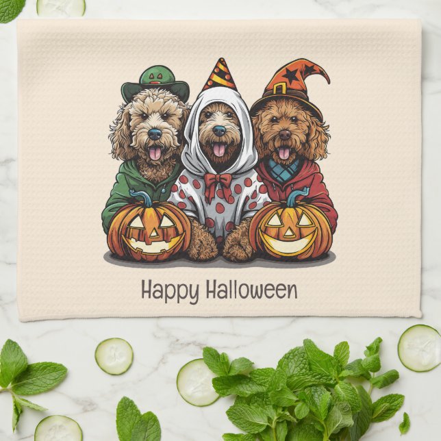 Linge De Cuisine Joyeux chien d'Halloween Goldendoodle (Plié)