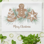 Linge De Cuisine Joyeux cookies de Noël<br><div class="desc">Cette serviette de cuisine festive est décorée de biscuits de Noël aquarelle et de feuillage et dit Joyeux Noël. Facile à personnaliser. Parce que nous créons notre oeuvre,  vous ne trouverez pas cette image exacte d'autres designers. Aquarelle originale © Michele Davies.</div>
