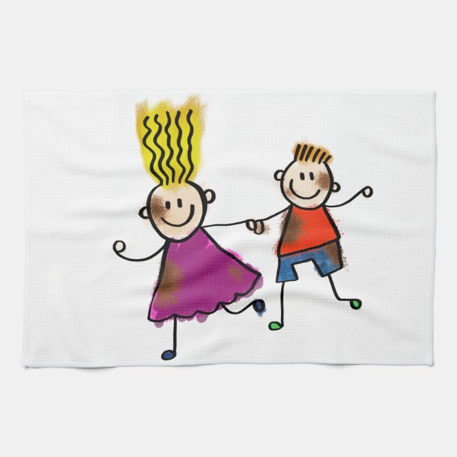 Linge De Cuisine Joyeux Enfants amusants Couple Dessin Dessin Dodle (Horizontal)