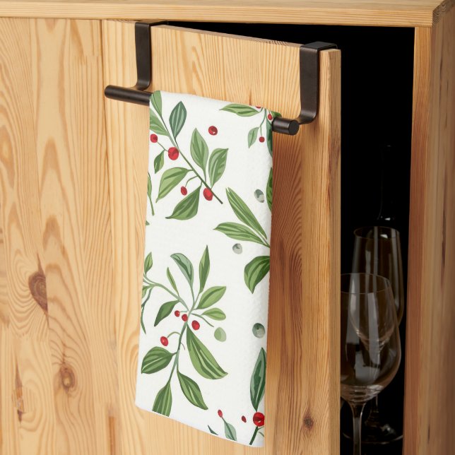 Linge De Cuisine Joyeux Gui Rouge Baie Aquarelle Noël (Pliage en tiers)