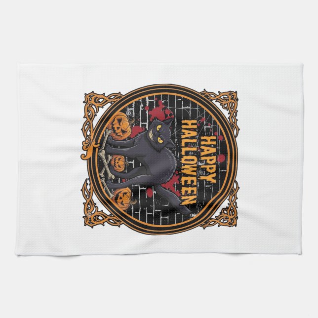 Linge De Cuisine Joyeux Halloween Chat Noir Citrouilles Os_1 (Horizontal)