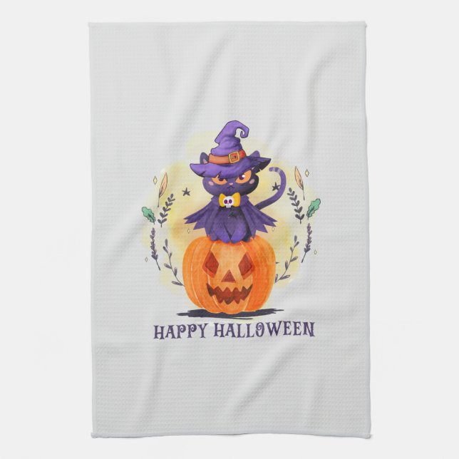 Linge De Cuisine Joyeux Halloween - Chat noir sorcier (Vertical)