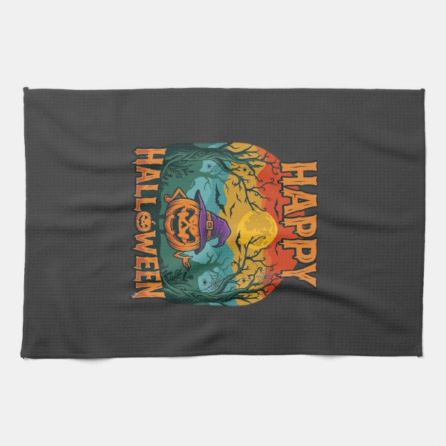 Linge De Cuisine Joyeux Halloween Citrouille Chapeau de Sorcière Pl (Horizontal)