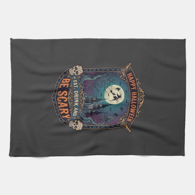 Linge De Cuisine Joyeux Halloween Sorcière Château Crânes Gras Boir (Horizontal)