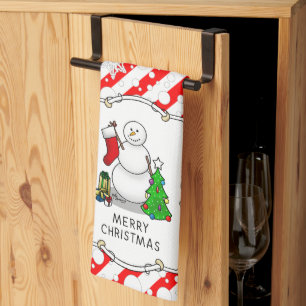 Linge De Cuisine Joyeux Noël 2 sapin chaussette bonhomme de neige