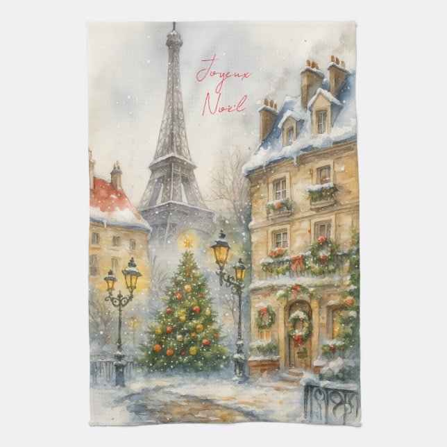 Linge De Cuisine Joyeux Noël à Paris aquarelle Tour Eiffel  (Vertical)