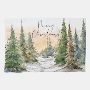 Linge De Cuisine Joyeux Noël Aquarelle Pine Arbres