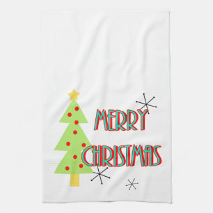 Linge De Cuisine joyeux noël arbre moderne milieu du siècle rouge b