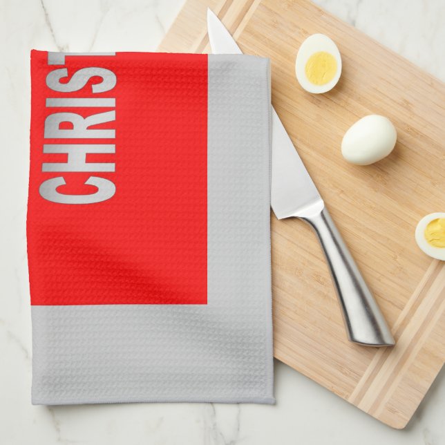 Linge De Cuisine Joyeux Noël Argent Et Rouge (Quart Plié)