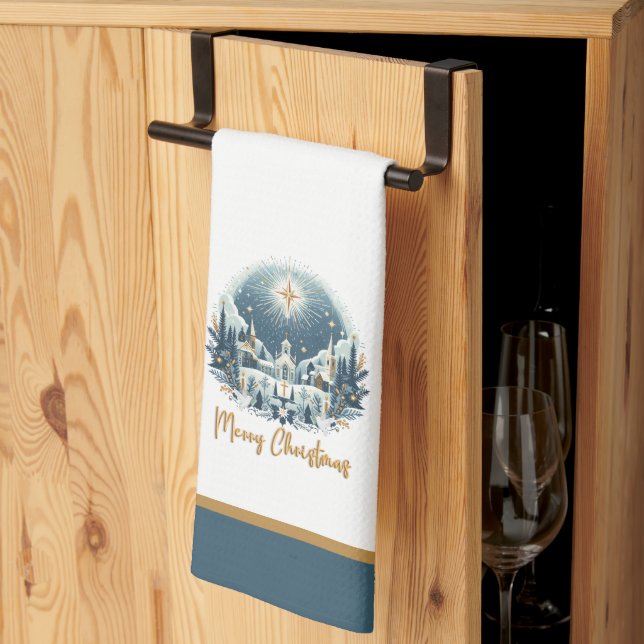 Linge De Cuisine Joyeux Noël bleu et or (Pliage en tiers)