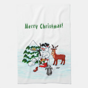 Linge De Cuisine Joyeux Noël ! Bonhomme de neige avec des amis