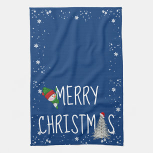 Linge De Cuisine Joyeux Noël Bonhomme de Neige sur Fond Bleu