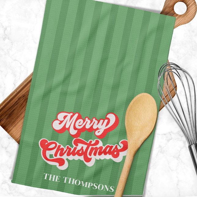 Linge De Cuisine Joyeux Noël Calligraphie Retro Style Rouge Vert (Whimsical red and green script. )