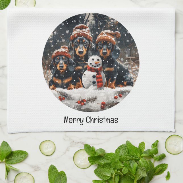 Linge De Cuisine Joyeux Noël Chiens Chiens Snowman (Plié)