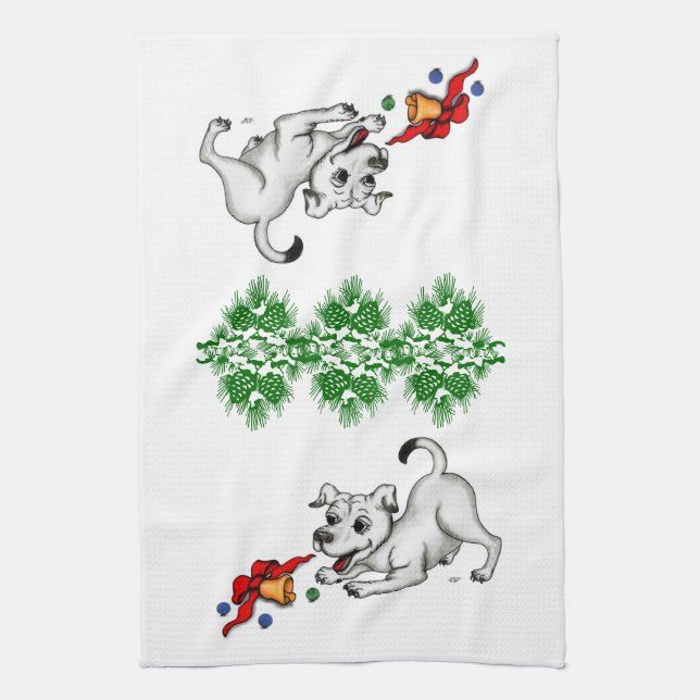 Linge De Cuisine Joyeux Noël ! Chiot avec Bell et Ball (Vertical)
