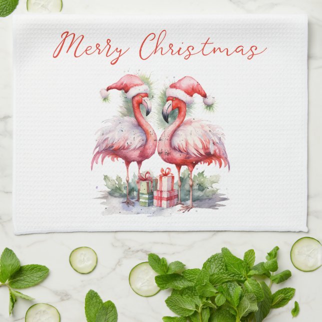 Linge De Cuisine Joyeux Noël Flamants Roses (Plié)