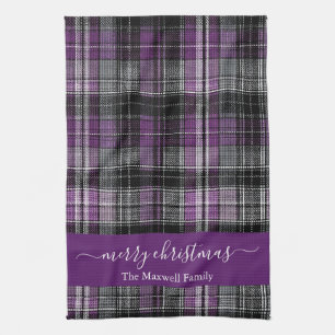 Linge De Cuisine Joyeux Noël nom de script à carreaux tartan violet
