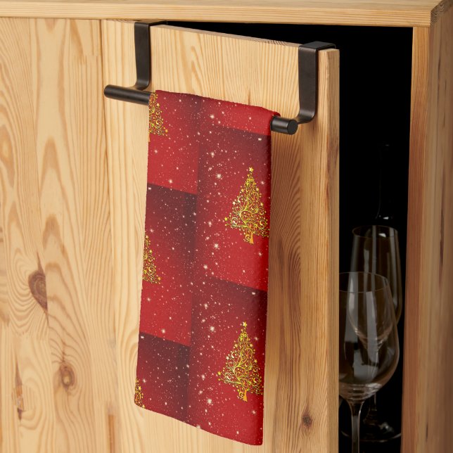 Linge De Cuisine Joyeux Noël Red Gold Tree étoiles (Pliage en tiers)