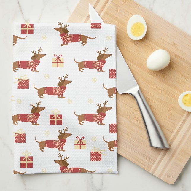 Linge De Cuisine Joyeux Noël Reindeer Dachshund (Quart Plié)