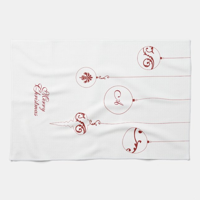Linge De Cuisine Joyeux Noël Rouge Monogramme Bauble Ornements (Horizontal)
