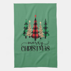 Linge De Cuisine Joyeux Noël Rouge Vert Buffle Noir Arbre Plaid