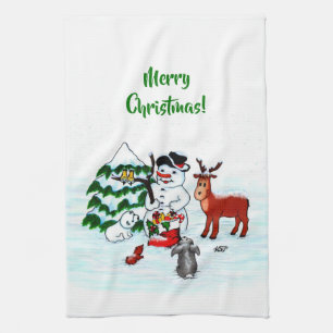 Linge De Cuisine Joyeux Noël ! Snowman avec amis