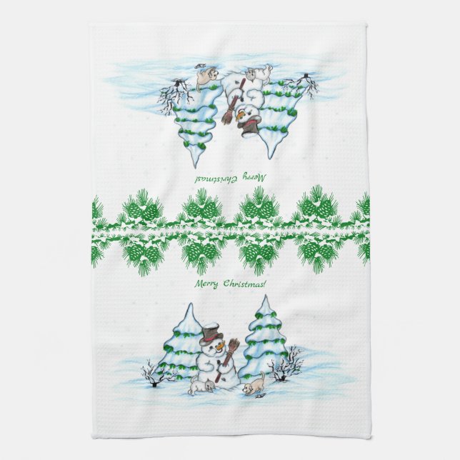 Linge De Cuisine Joyeux Noël ! Snowman avec chat et chiot (Vertical)