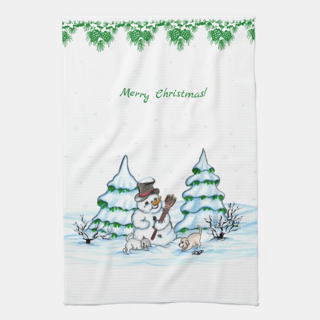 Linge De Cuisine Joyeux Noël ! Snowman avec chat et chiot (Vertical)
