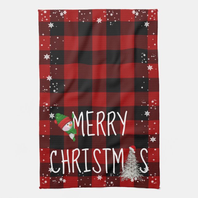 Linge De Cuisine Joyeux Noël Snowman Buffalo Plaid (Vertical)