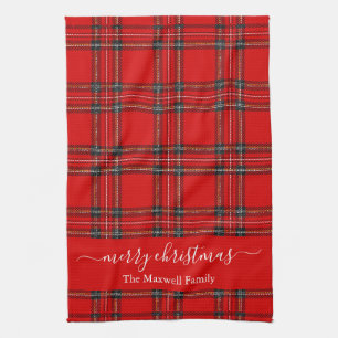 Linge De Cuisine Joyeux Noël tartan rouge script nom
