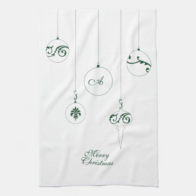 Linge De Cuisine Joyeux Noël Vert Monogramme Bauble Ornements (Vertical)