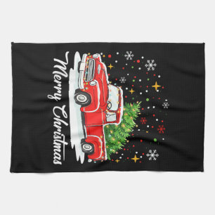 Linge De Cuisine Joyeux Noël Vintage Camion Rouge Père Noël Arbre F