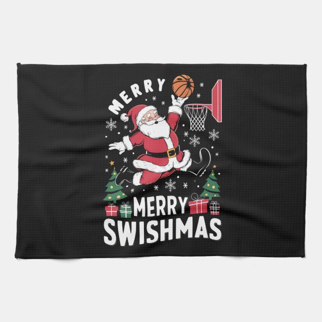 Linge De Cuisine Joyeux Swishmas Noël Père Noël Jouer Basketball (Horizontal)