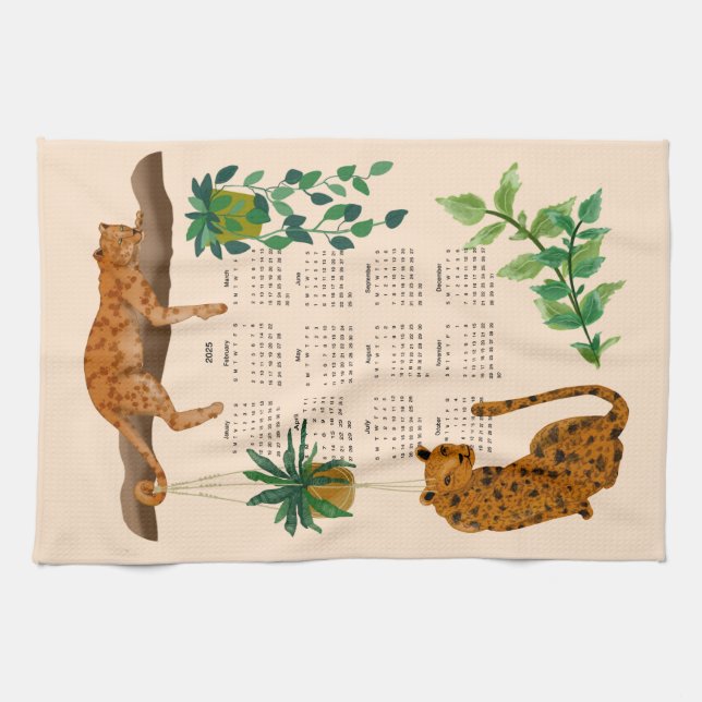 Linge De Cuisine Jungle chats; Leopards et plantes de pot calendrie (Horizontal)