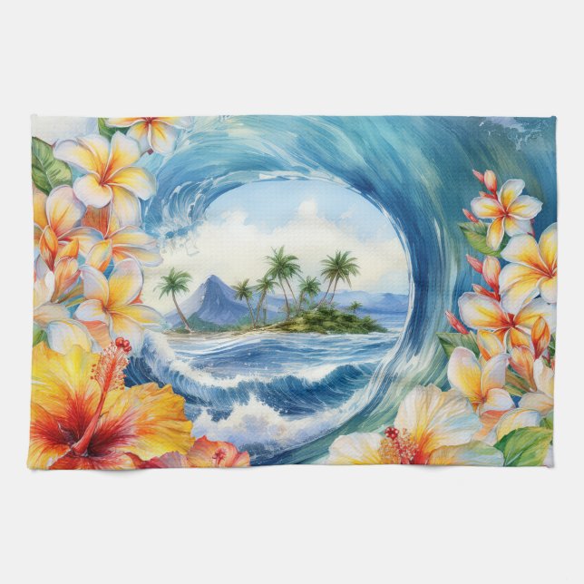 Linge De Cuisine Kai Aloha Hibiscus Aquarelle Vague Réversible (Horizontal)