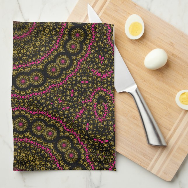 Linge De Cuisine Kaleidoscoope rose et noire (Quart Plié)