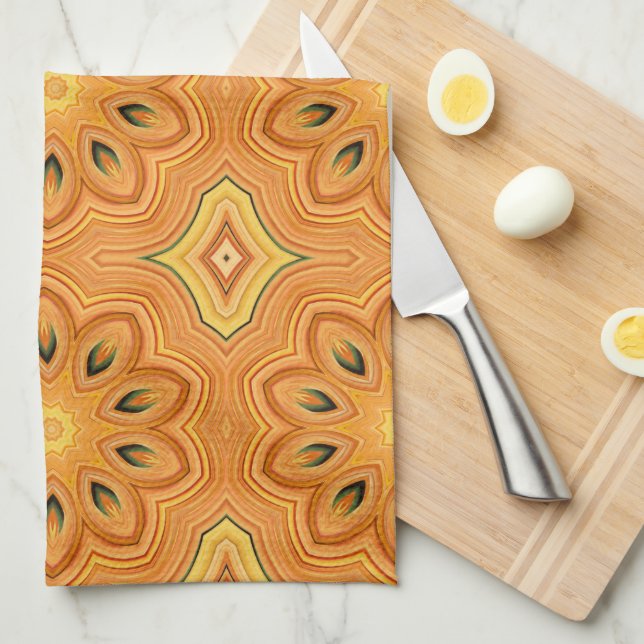 Linge De Cuisine Kaleidoscope à fleurs orange, jaune et verte (Quart Plié)