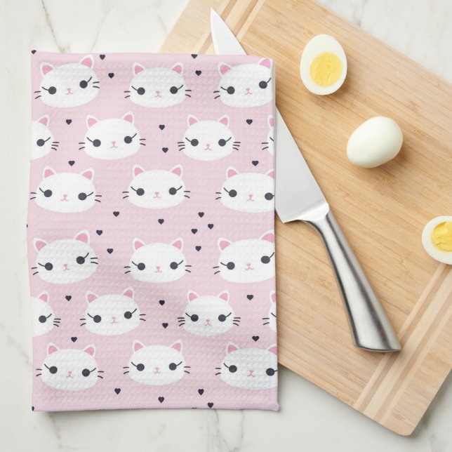 Linge De Cuisine Kawaii Chat Blanc visage Motif sur rose (Quart Plié)