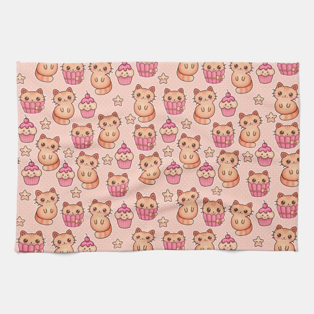 Linge De Cuisine Kawaii Cute Cats and Cupcakes Motif rose (Horizontal)