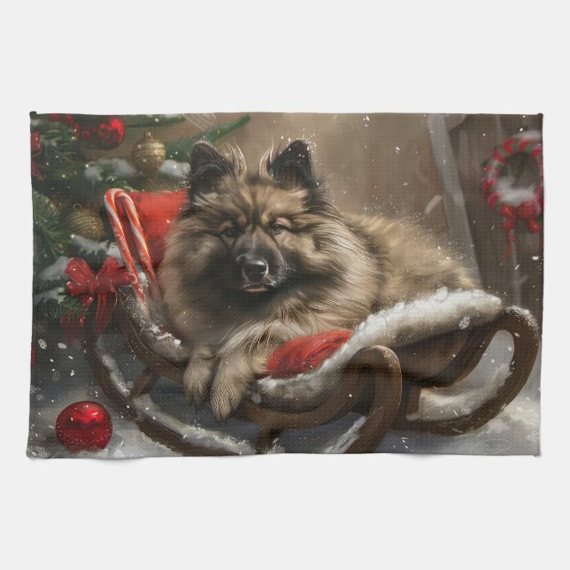 Linge De Cuisine keeshond Festive de Noël de chien (Horizontal)