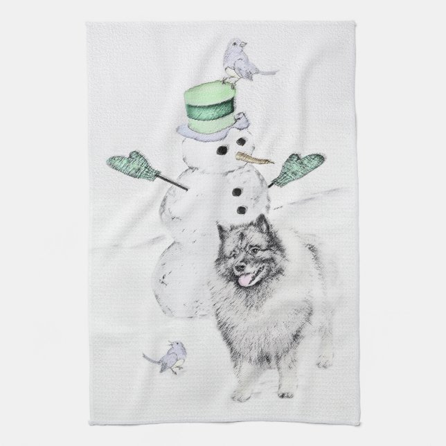 Linge De Cuisine Keeshond Noël Snowman Peinture Chien Art (Vertical)