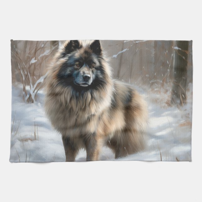 Linge De Cuisine Keeshond Qu'Il Neige Noël (Horizontal)