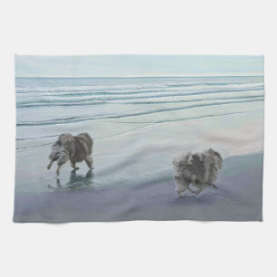 Linge De Cuisine Keeshonds at the Seashore Peinture Dog Art