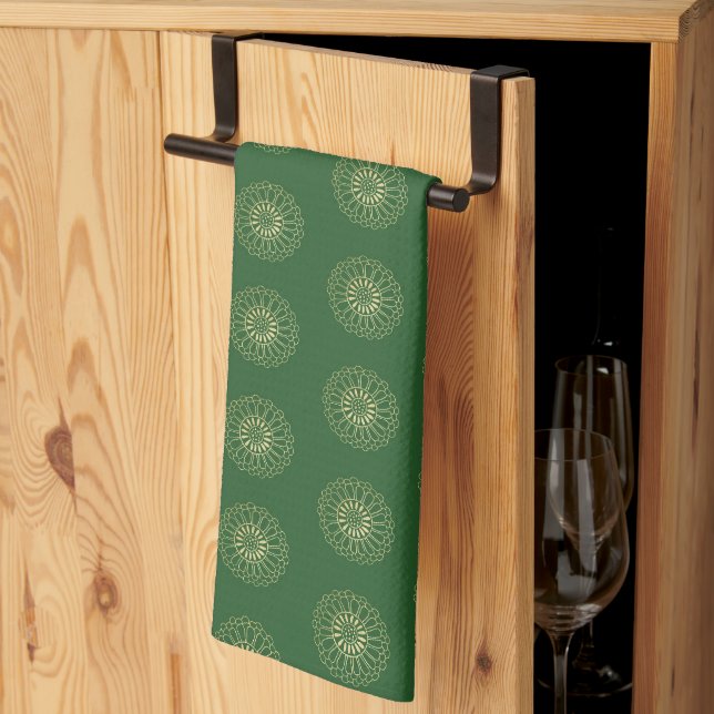 Linge De Cuisine Kelly Green | Golden Zinnia Flower Medallions (Pliage en tiers)