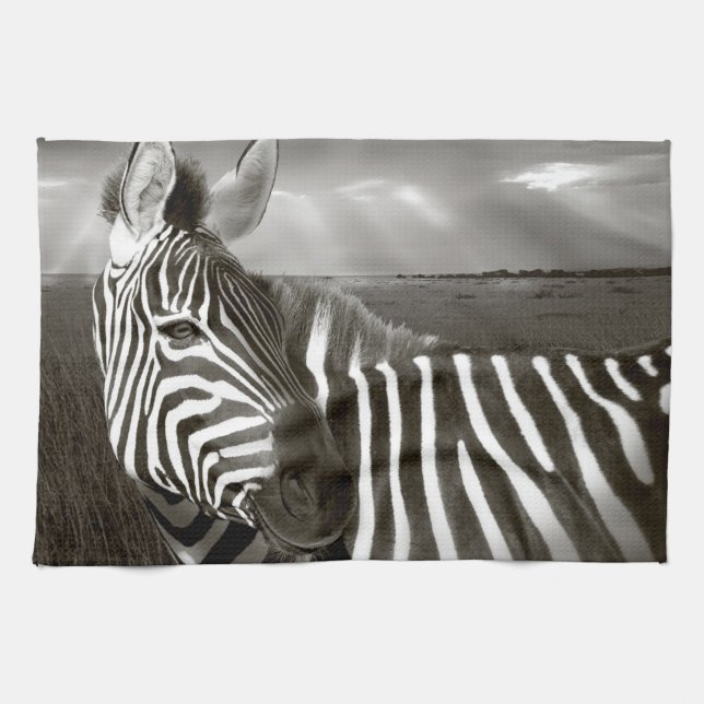 Linge De Cuisine Kenya. Noir et blanc de zèbre et plaine. (Horizontal)