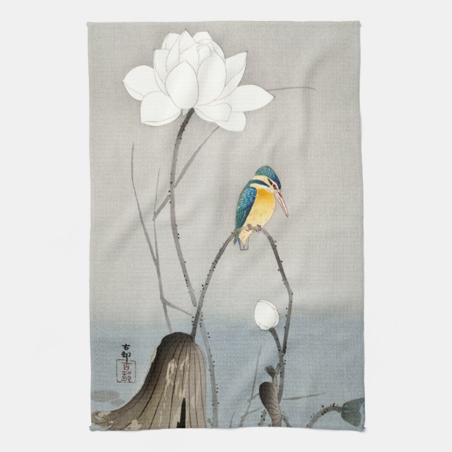 Linge De Cuisine Kingfisher avec Fleur Lotus - Ohara Koson -  (Vertical)