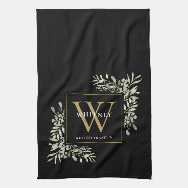 Linge De Cuisine Kit de feuilles de verdure en aquarelle Monogramme (Vertical)