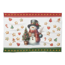 Kitchen Towel Snowman and Christmas Cookies Red