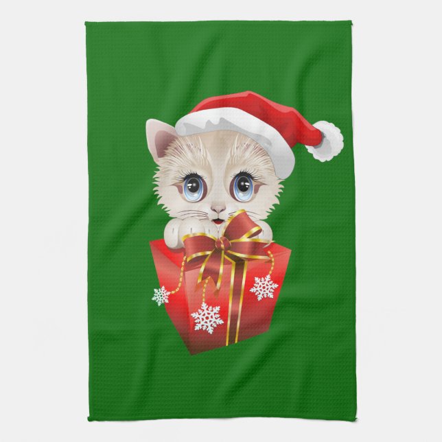Linge De Cuisine Kitten Noël Père Noël avec cadeau (Vertical)